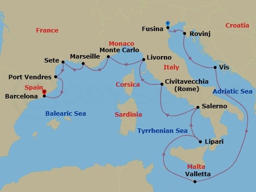 Route map: Fusina (Venice), Italy → Rovinj, Croatia → Vis Island, Croatia → Valletta, Malta → Lipari, Italy → Salerno, Italy → Civitavecchia (Rome), Italy → Livorno (Florence/Pisa), Italy → Monte Carlo, Monaco → La Joliette (Marseille), France