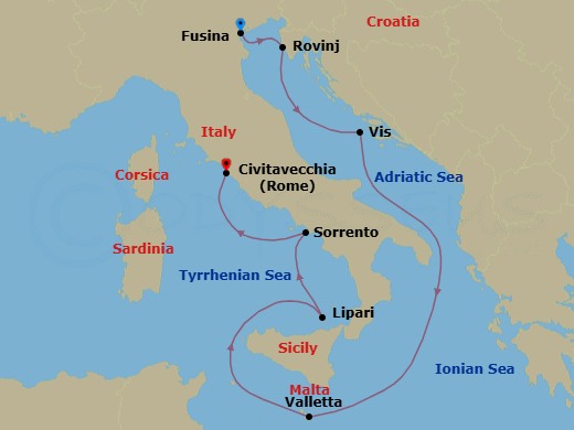 Route map: Fusina (Venice), Italy → Rovinj, Croatia → Vis Island, Croatia → Valletta, Malta → Lipari, Italy → Sorrento, Italy → Civitavecchia (Rome), Italy