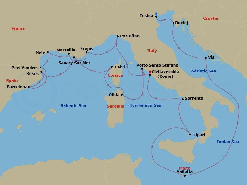 Route map: Fusina (Venice), Italy → Rovinj, Croatia → Vis Island, Croatia → Valletta, Malta → Lipari, Italy → Sorrento, Italy → Civitavecchia (Rome), Italy → Portofino, Italy → Frejus, France → La Joliette (Marseille), France