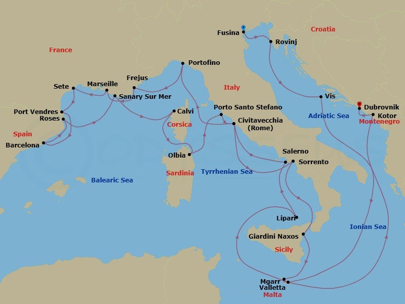 Route map: Fusina (Venice), Italy → Rovinj, Croatia → Vis Island, Croatia → Valletta, Malta → Lipari, Italy → Sorrento, Italy → Civitavecchia (Rome), Italy → Portofino, Italy → Frejus, France → La Joliette (Marseille), France