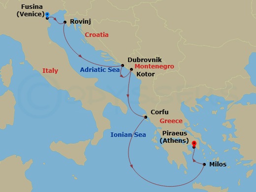 Route map: Fusina (Venice) → Rovinj → Dubrovnik → Kotor → Corfu → Milos → Piraeus (Athens)
