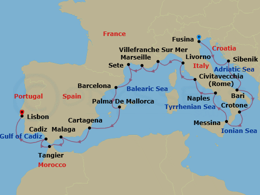 Route map: Venice (Fusina) → Sibenik → Bari → Crotone → Sicily (Messina) → Naples → Rome (Civitavecchia) → Florence/Pisa (Livorno) → Villefranche-Sur-Mer → Marseille
