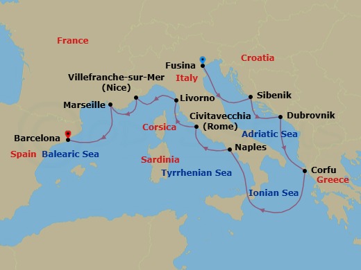 Route map: Venice (Fusina) → Sibenik → Dubrovnik → Corfu (Kerkyra) → Naples → Rome (Civitavecchia) → Florence/Pisa (Livorno) → Villefranche-Sur-Mer → Marseille → Barcelona