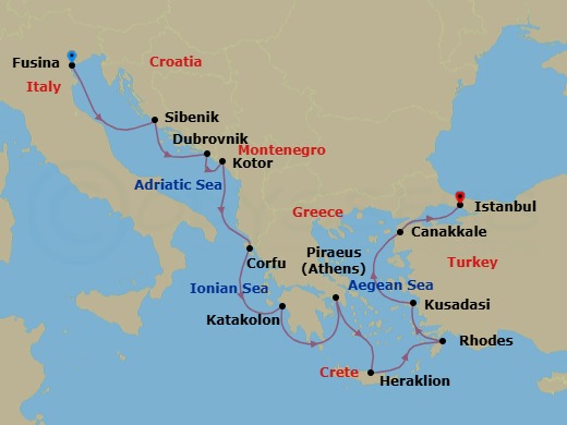 Route map: Venice (Fusina) → Sibenik → Dubrovnik → Kotor → Corfu (Kerkyra) → Katakolon (Olympia) → Athens (Piraeus) → Crete (Heraklion) → Rhodes → Ephesus (Kusadasi)