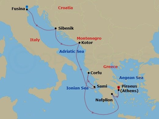 Route map: Fusina (Venice), Italy → Vodice (Sibenik), Croatia → Kotor, Montenegro → Sami, Cephalonia, Greece → Corfu, Greece → Nafplion, Greece → Piraeus (Athens), Greece