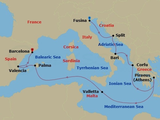 Route map: Venice (Fusina) → Split → Bari → Corfu → Athens (Piraeus) → Valletta → Palma De Mallorca → Valencia → Barcelona