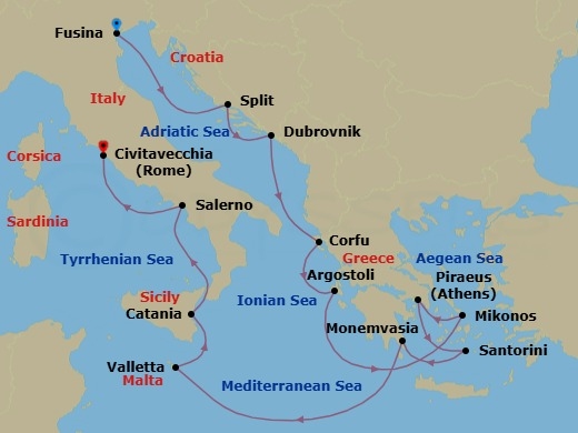 Route map: Venice (Fusina) → Split → Dubrovnik → Corfu → Argostoli (Cephalonia) → Mykonos → Athens (Piraeus) → Santorini → Monemvasia → Valletta