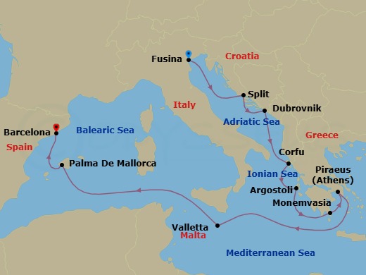 Route map: Venice (Fusina) → Split → Dubrovnik → Corfu → Argostoli (Cephalonia) → Monemvasia → Athens (Piraeus) → Valletta → Palma De Mallorca → Barcelona