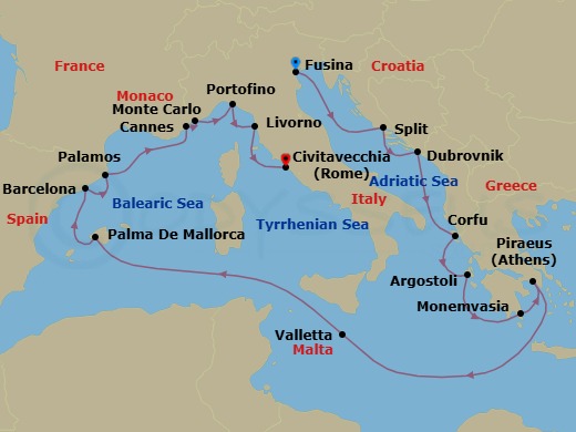 Route map: Venice (Fusina) → Split → Dubrovnik → Corfu → Argostoli (Cephalonia) → Monemvasia → Athens (Piraeus) → Valletta → Palma De Mallorca → Barcelona