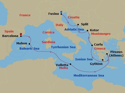 Route map: Venice (Fusina) → Split → Kotor → Corfu → Gythion → Athens (Piraeus) → Valletta → Mahon (Minorca) → Barcelona