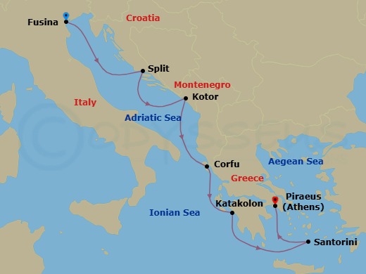 Route map: Venice (Fusina) → Split → Kotor → Corfu → Katakolon → Santorini → Athens (Piraeus)