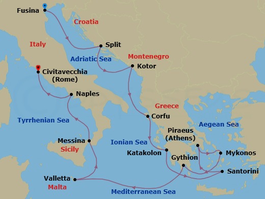 Route map: Venice (Fusina) → Split → Kotor → Corfu → Katakolon → Santorini → Athens (Piraeus) → Mykonos → Gythion → Valletta