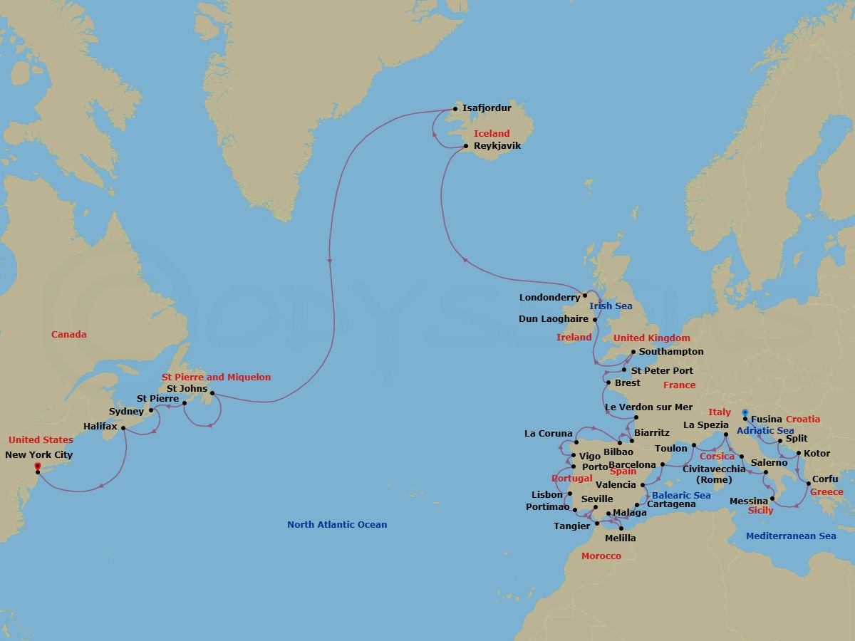 Route map: Venice (Fusina) → Split → Kotor → Corfu → Messina (Sicily) → Salerno → Rome (Civitavecchia) → Cinque Terre (La Spezia) → Toulon → Barcelona