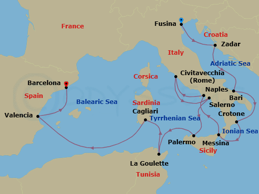 Route map: Venice (Fusina) → Zadar → Bari → Crotone → Sicily (Messina) → Naples → Rome (Civitavecchia) → Salerno → Palermo Sicily → Tunis (La Goulette)