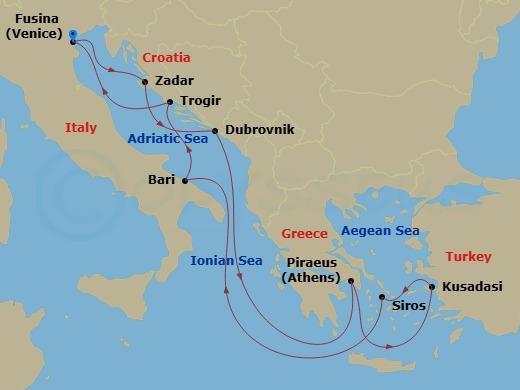 Route map: Fusina (Venice) → Zadar → Dubrovnik → Piraeus (Athens) → Kusadasi → Syros (Syra) → Bari → Trogir → Fusina (Venice)