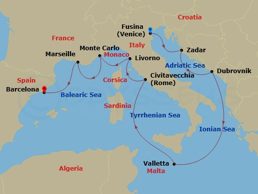 Route map: Fusina (Venice) → Zadar → Dubrovnik → La Valletta → Civitavecchia (Rome) → Livorno (Florence) → Monte Carlo → Marseille → Barcelona