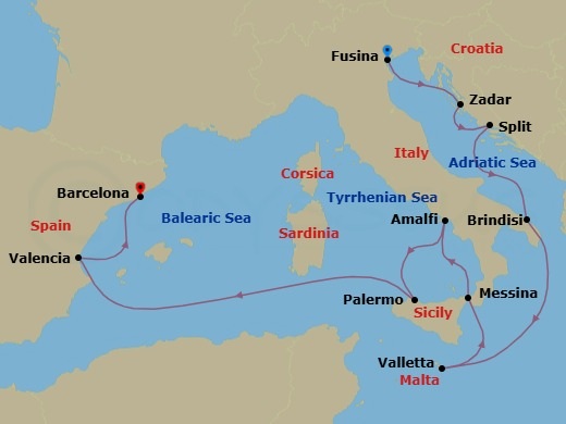 Route map: Venice (Fusina) → Zadar → Split → Brindisi → Valletta → Messina (Sicily) → Amalfi/Positano → Palermo (Sicily) → Valencia → Barcelona