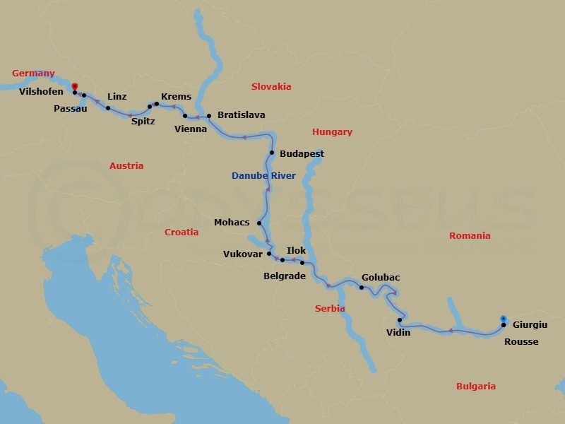 Route map: Giurgiu → Rousse → Vidin → Golubac → Belgrade → Ilok → Vukovar → Mohacs → Budapest → Bratislava