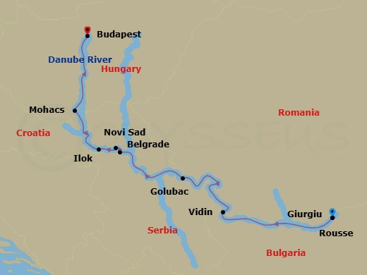 Route map: Giurgiu → Rousse → Vidin → Golubac → Belgrade → Novi Sad → Ilok → Mohacs → Budapest