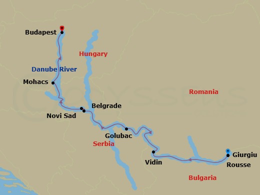Route map: Giurgiu → Rousse → Vidin → Golubac → Belgrade → Novi Sad → Mohacs → Budapest
