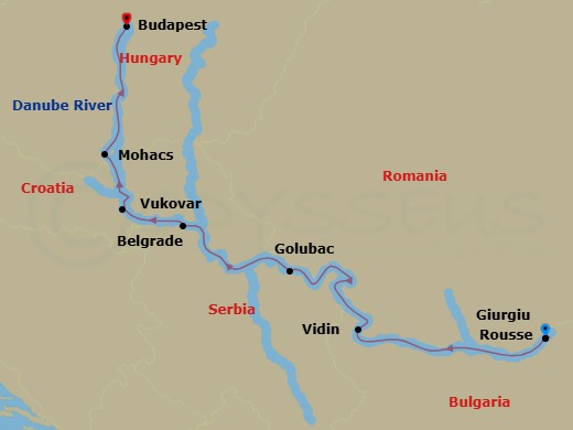 Route map: Giurgiu → Rousse → Vidin → Golubac → Belgrade → Vukovar → Mohacs → Budapest
