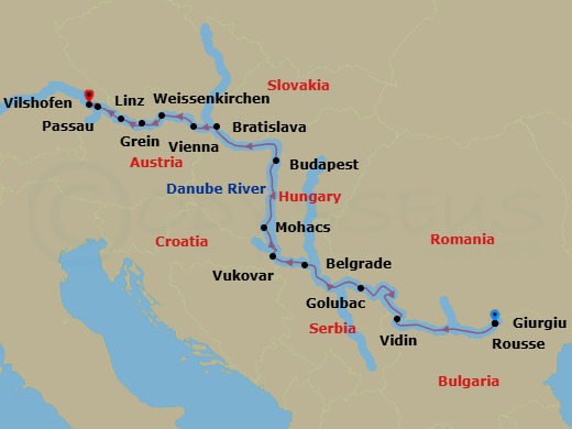 Route map: Giurgiu → Rousse → Vidin → Golubac → Belgrade → Vukovar → Mohacs → Budapest → Bratislava → Vienna