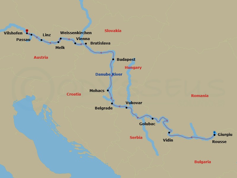 Route map: Giurgiu → Rousse → Vidin → Golubac → Belgrade → Vukovar → Mohacs → Budapest → Bratislava → Vienna