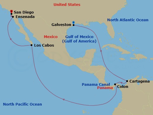 Route map: Galveston → Cartagena → Colon → Panama Canal → Los Cabos → Ensenada → San Diego