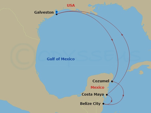 Route map: Galveston, Texas → Cozumel, Mexico → Belize City, Belize → Puerto Costa Maya, Mexico → Galveston, Texas
