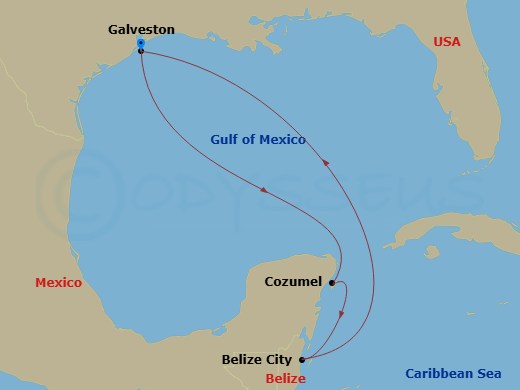 Route map: Galveston, Tx → Cozumel, Mexico → Belize → Galveston, Tx