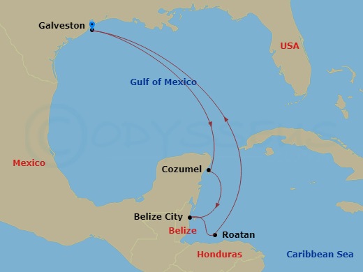 Route map: Galveston → Cozumel → Belize City → Roatan → Galveston