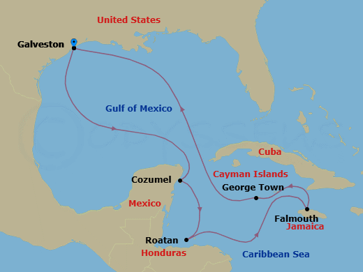 Route map: Galveston, Texas → Cozumel, Mexico → Roatan, Honduras → Falmouth, Jamaica → George Town, Grand Cayman → Galveston, Texas