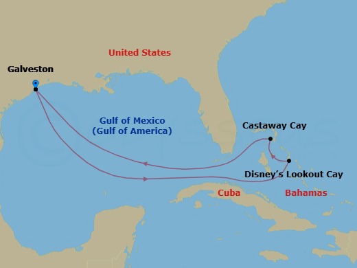 Route map: Galveston → Disney Lookout Cay → Castaway Cay → Galveston