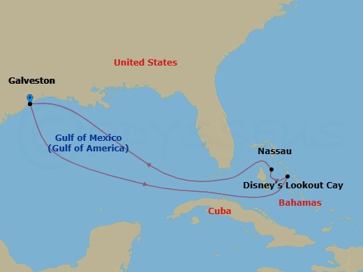 Route map: Galveston → Disney Lookout Cay → Nassau → Galveston