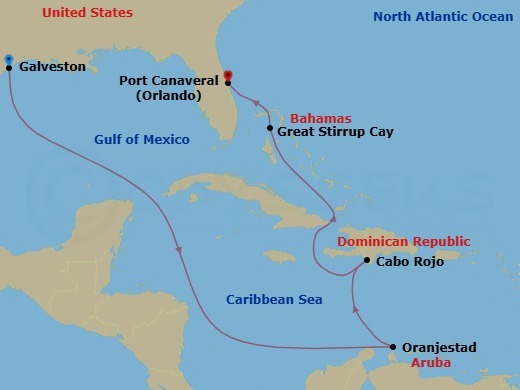 Route map: Galveston  Texas, Tx → Oranjestad, Aruba → Cabo Rojo, Dominican Republic → Great Stirrup Cay, Bahamas → Orlando-Beaches-Port Canaveral, Fl