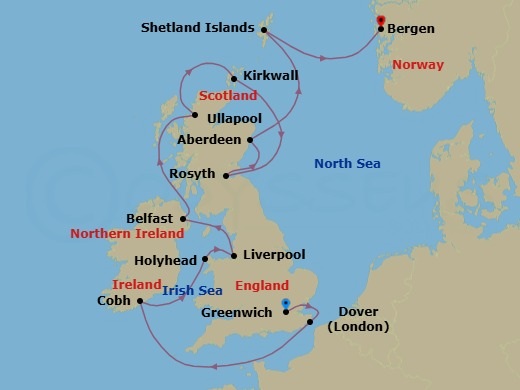Route map: London (Greenwich) → Dover → Scenic Sailing English Channel → Cobh (Cork) → Holyhead → Liverpool → Belfast → The Highlands (Ullapool) → Orkney Islands (Kirkwall) → Rosyth (Edinburgh)