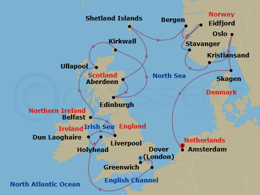 Route map: London (Greenwich) → Dover → Scenic Sailing English Channel → Holyhead → Dublin (Dun Laoghaire) → Liverpool → Belfast → The Highlands (Ullapool) → Orkney Islands (Kirkwall) → Edinburgh (Newhaven Harbour)
