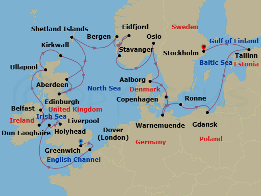 Route map: London (Greenwich) → Dover → Scenic Sailing English Channel → Holyhead → Liverpool → Dublin (Dun Laoghaire) → Belfast → The Highlands (Ullapool) → Orkney Islands (Kirkwall) → Edinburgh (Newhaven Harbour)