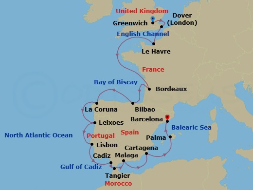 Route map: London (Greenwich) → Dover → Paris (Le Havre) → Bordeaux → Bilbao → A Coruna → Porto (Leixoes) → Lisbon → Seville (Cadiz) → Tangier