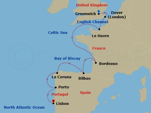 Route map: London (Greenwich) → Dover → Paris (Le Havre) → Bordeaux → Bilbao → A Coruna → Porto → Lisbon