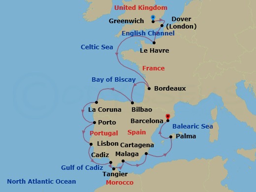 Route map: London (Greenwich) → Dover → Paris (Le Havre) → Bordeaux → Bilbao → A Coruna → Porto → Lisbon → Seville (Cadiz) → Tangier
