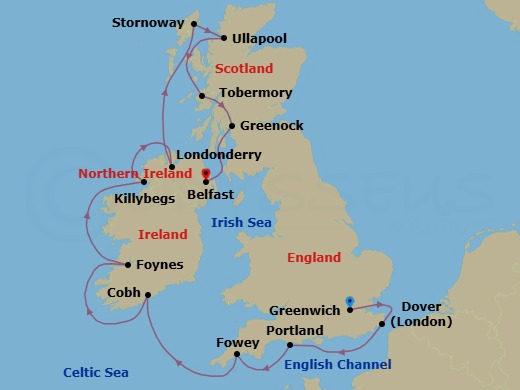 Route map: London (Greenwich) → Dover → Portland → Fowey → Cobh (Cork) → Foynes (Limerick) → Killybegs → Londonderry → Lewis & Harris (Stornoway) Scotland → The Highlands (Ullapool)