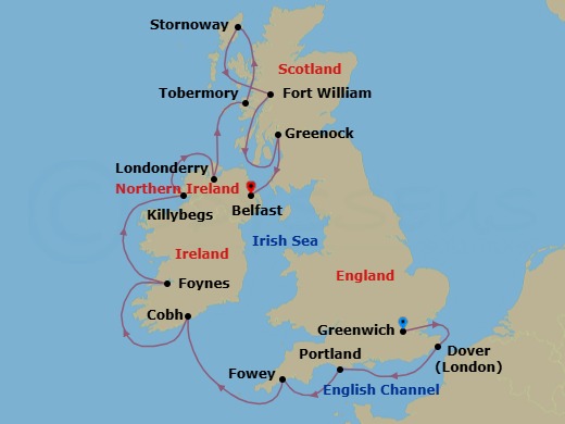 Route map: Greenwich → London (Dover) → Portland → Fowey → Cobh → Foynes → Belfast, NI, UK → Londonderry → Lewis & Harris (Stornoway) Scotland → Stornoway