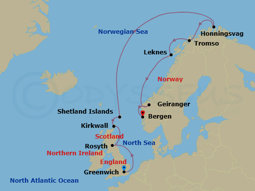 Route map: London (Greenwich) → Rosyth (Edinburgh) → Orkney Islands (Kirkwall) → Shetland Islands (Lerwick) → Honningsvag → Tromso → Lofoten (Leknes) → Geiranger → Bergen