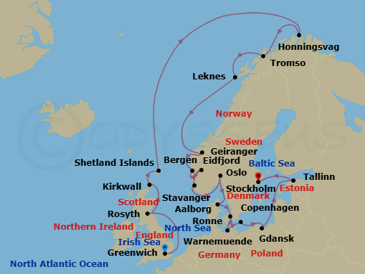Route map: London (Greenwich) → Rosyth (Edinburgh) → Orkney Islands (Kirkwall) → Shetland Islands (Lerwick) → Honningsvag → Tromso → Lofoten (Leknes) → Geiranger → Bergen → Eidfjord