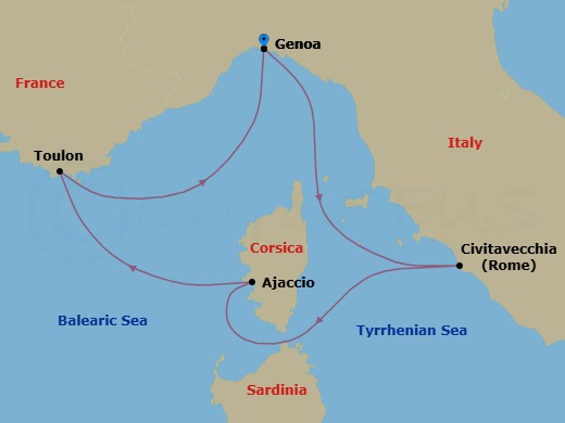 Route map: Genova (Portofino) → Civitavecchia (Rome) → Ajaccio (Corsica) → La Seyne(StTropez) → Genova (Portofino)