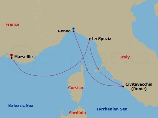 Route map: Genoa (Portofino) Italy → Civitavecchia (Rome) Italy → La Spezia (Cinque Terre) Italy → Marseille (Provence) France