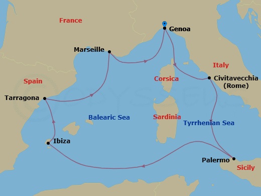 Route map: Genoa (Portofino) Italy → Civitavecchia (Rome) Italy → Palermo (Monreale) Italy → Ibiza (Baleari Is.) Spain → Tarragona Spain → Marseille (Provence) France → Genoa (Portofino) Italy