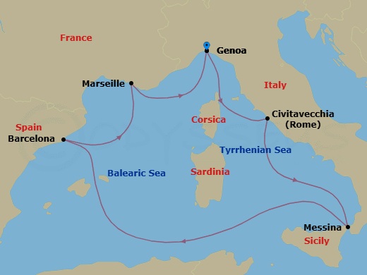 Route map: Genoa (Portofino) Italy → Civitavecchia (Rome) Italy → Messina (Taormina) Italy → Barcelona Spain → Marseille (Provence) France → Genoa (Portofino) Italy