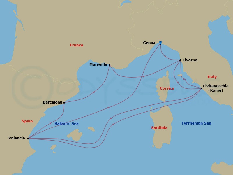 Route map: Genoa (Portofino) Italy → Livorno (Florence) Italy → Civitavecchia (Rome) Italy → Valencia Spain → Barcelona Spain → Marseille (Provence) France → Livorno (Florence) Italy → Civitavecchia (Rome) Italy → Valencia Spain → Genoa (Portofino) Italy